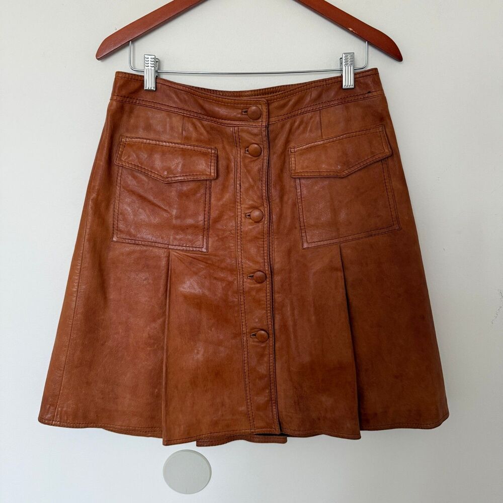 Bally Lambskin Leather Flap Pocket Mini Skirt Tan Lined Old Money Italy Sz 8 - Picture 2 of 9